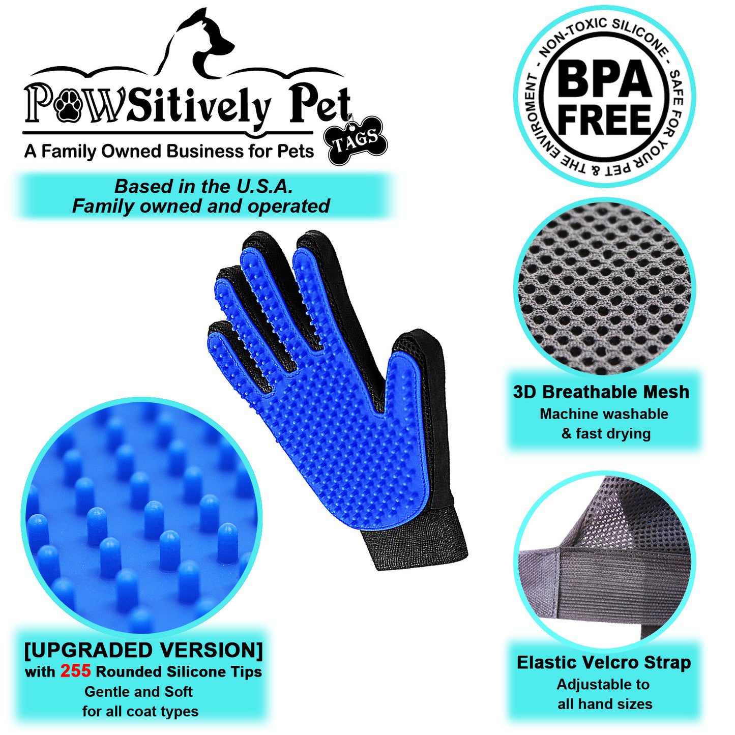 Grooming Gloves- All In One Gentle Deshedding/Bathing/Massage Mitt-Great for removing pet hair/fur on Dogs, Cats and Horses (Upgraded Version)